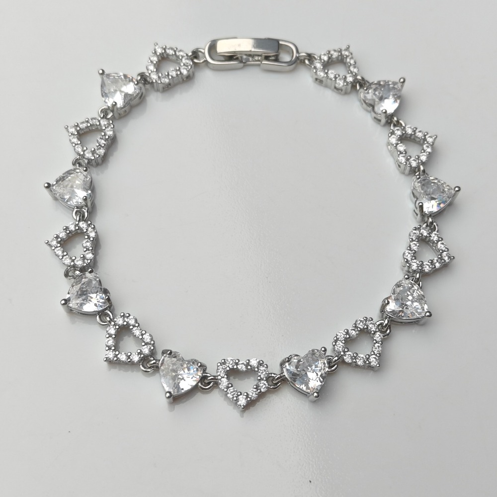 Silver Tone Heart Link Bracelet Clear Crystal Rhinestone 6.5 Dainty Coquette